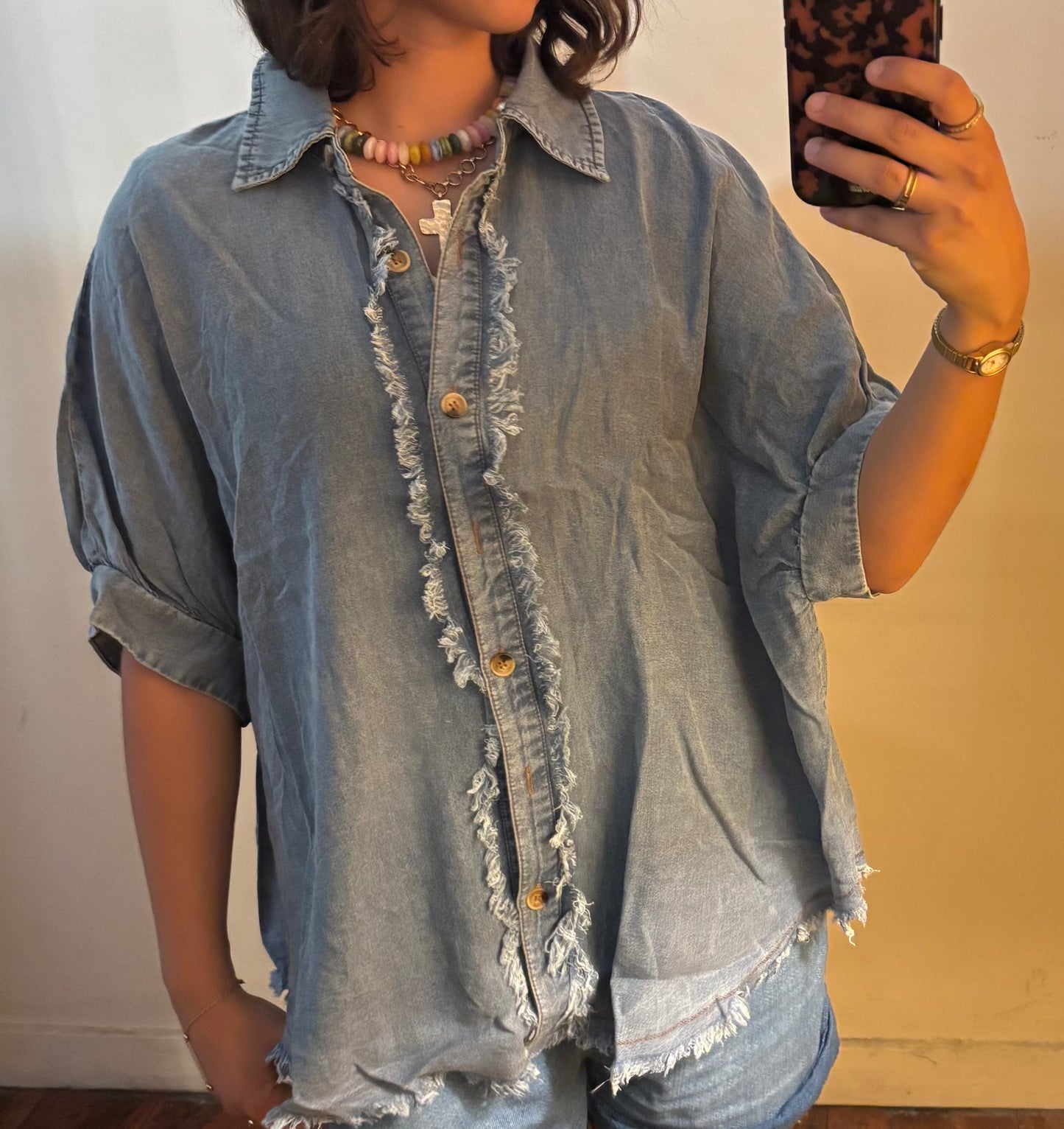 Frayed Trim Denim Button Top