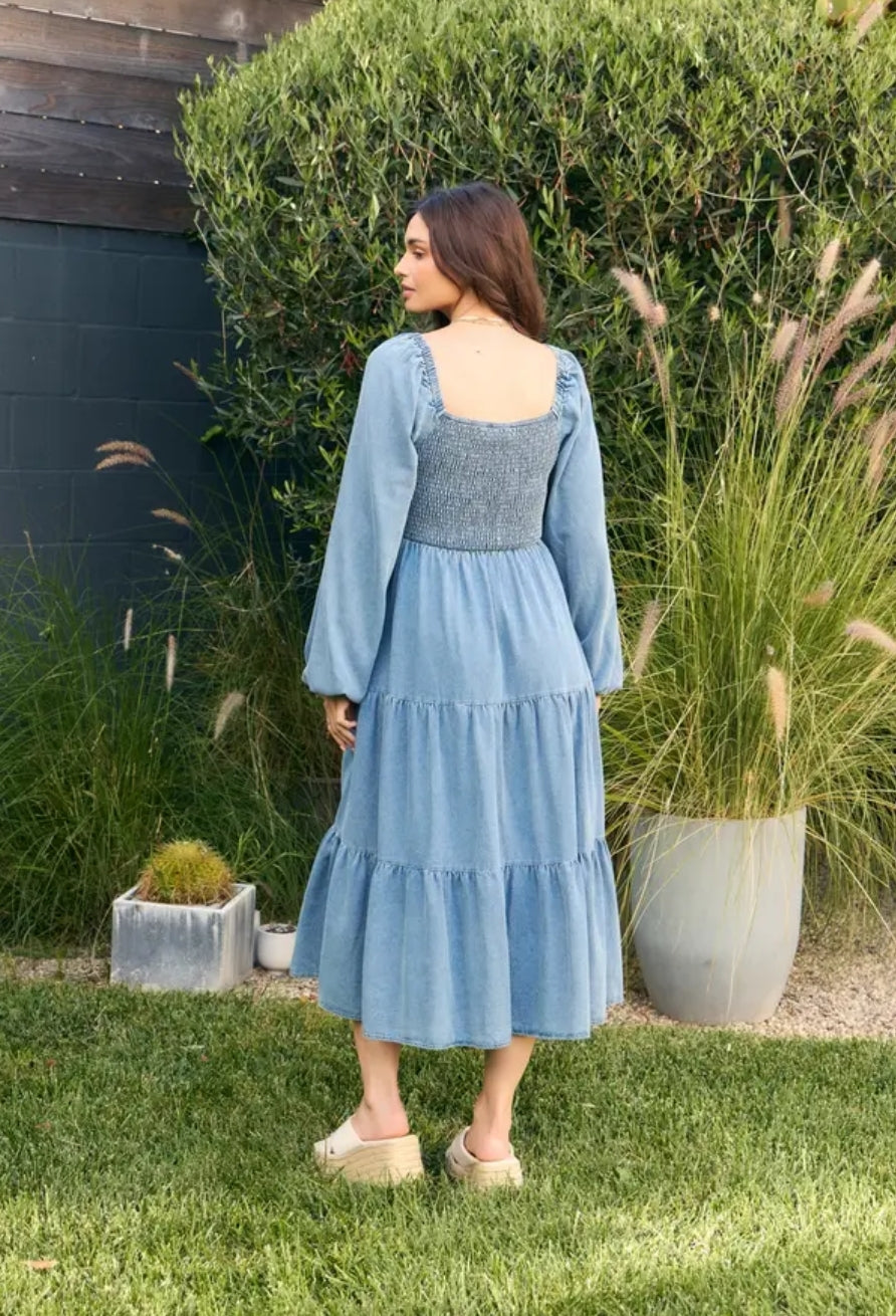 Jaylin Smocked Denim Midi