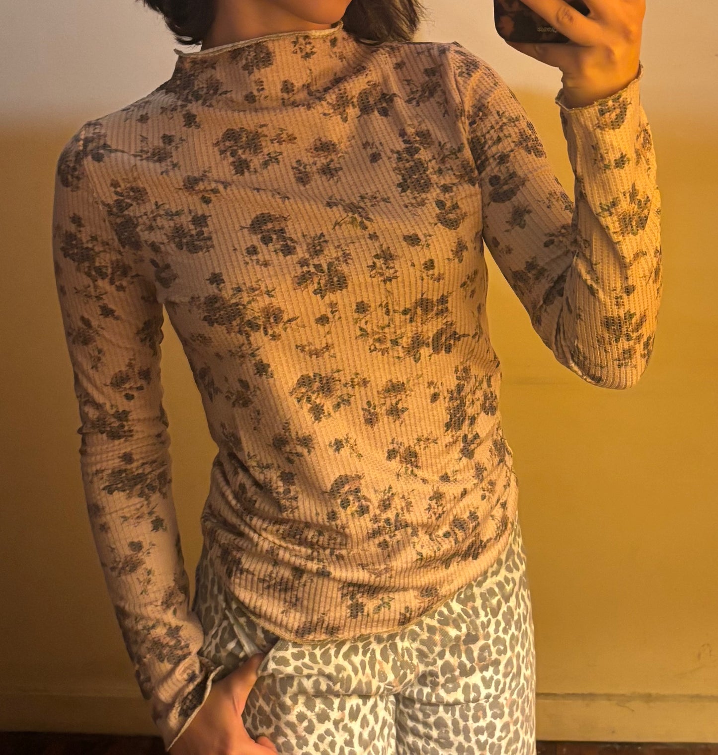 Mock Neck Frilled Floral Top