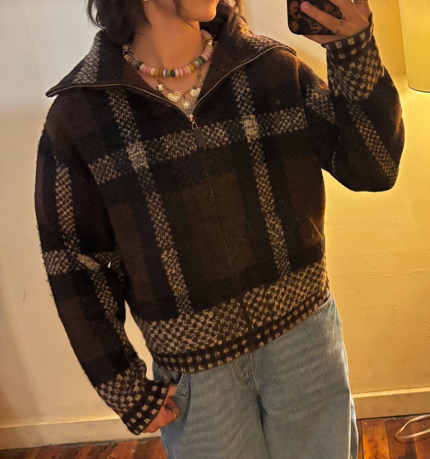 Plaid Fuzzy Knit Jacket