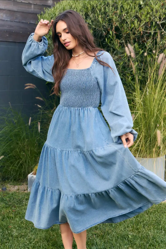 Jaylin Smocked Denim Midi