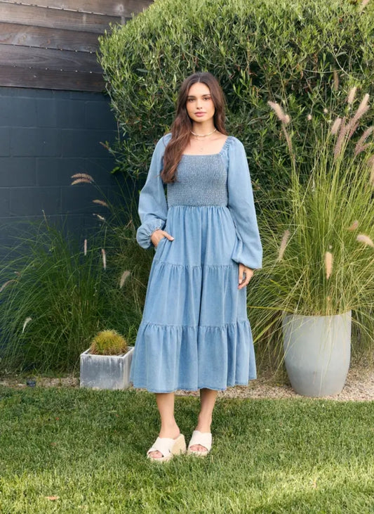 Jaylin Smocked Denim Midi